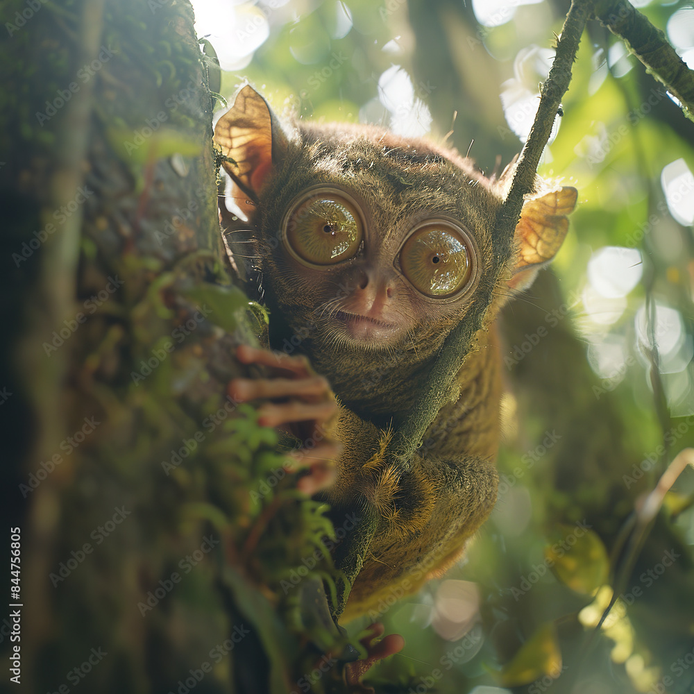 Close-up shot of a wide-eyed tarsier clinging to a tree branch in a ...