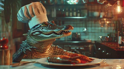A close-up of a chef alligator wearing a toque blanche, looking at the camera with a smile on its face.