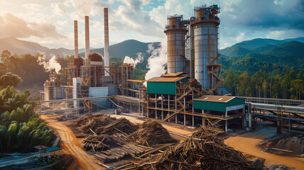 Biomass power plant for power generation and energy. Biomass power generation uses biological materials such as waste or residue from logging or agriculture as fuel to generate electricity.