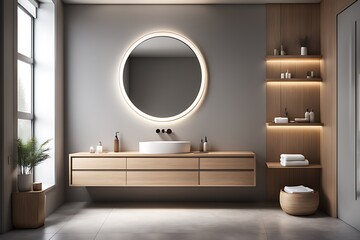 Canvas Print -  Modern bathroom with LED lighting, round mirror, and wooden elements. Refined style and design. 3D rendering design. 