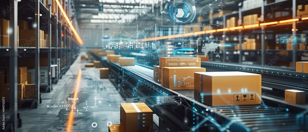Modern automated warehouse with conveyor belts and technology ...