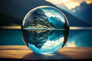 Wall Mural - Stunning crystal ball reflects a serene mountain landscape at sunset, evoking peace and wonder