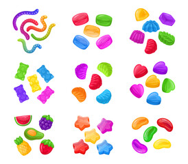 Wall Mural - Jelly candies. Cartoon fruity gummy, delicious chewy sweets with various flavors flat vector illustration set. Jelly sweets collection