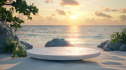 Tranquil Sunset Scene on Beach with Modern Bench