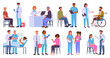 © GreenSkyStudio - Patients and doctors. Medical staff with clinic patients, doctors and nurses diagnosing and advising patients flat vector illustration set. Hospital professional workers with patients characters