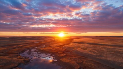 Wall Mural - Tranquil prairie sunset captured by drone camera