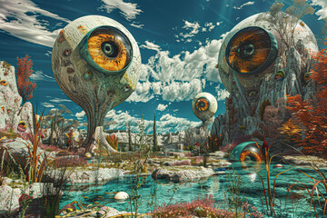 Wall Mural - A surreal landscape with three large, glowing eyes and a body of water