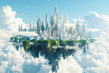Wall Mural - Ethereal Solarpunk Sky City Hyper-Realistic Utopia in White and Blue Tones on a Floating Island