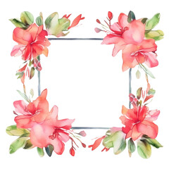 Wall Mural - Geometric pastel watercolor frame with pink flowers and green leaves. Hexagon picture frame decorated with pink flower. Modern botany concept for wedding invitation and home decor design. AIG35.