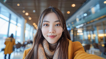 Sticker - Stylish Asian Woman in Airport Lounge Taking Selfies