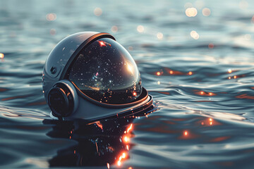 Wall Mural - Futuristic Astronaut Serenity Helmet in Water Reflecting Galaxy and Stars, Space Exploration Concept