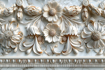 Wall Mural - 3d Vintage Elegant White and Silver Color Metal Floral Plumeria and Frangipani Flowers Antique Decoration Gold Frame With Ornament Design, detail of the wall