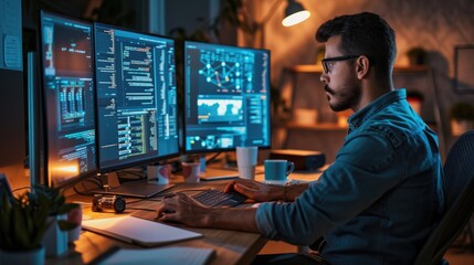a software developer works on code late into the night, illuminated by the glow of multiple computer