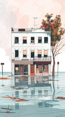 Canvas Print - illustration of a commercial building undergoing water damage restoration and cleanup