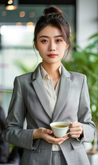 Wall Mural - Asian office lady in a chic office outfit, elegantly holding a cup of herbal tea