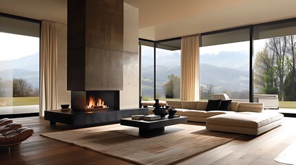 Wall Mural - Luxurious modern living room with a fireplace and a breathtaking mountain view through floor-to-ceiling windows.