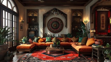 Wall Mural - Bangladeshi living room. Bangladesh. An elegant and traditional living room interior with rich colors, plush furnishings, and cultural decor accents. 