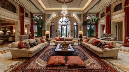 Wall Mural - Bahraini living room. Bahrain. An opulent and spacious living room interior with luxurious furnishings and classic design under grand chandeliers.