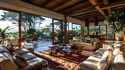 Wall Mural - Ecuadorean living room. Ecuador. A luxurious living room with open glass doors overlooking a sunny landscape, featuring comfortable seating and lush indoor plants.