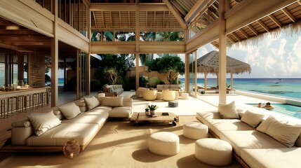Wall Mural - Maldivian living room. Maldives. Luxurious beachfront villa interior with open design, elegant furnishings, and a tropical view ending in a serene ocean horizon. 