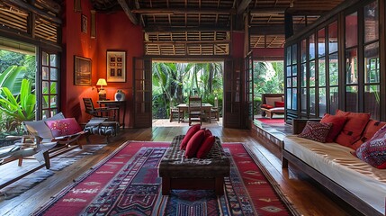 Wall Mural - Mauritian living room. Mauritius. Elegant and cozy interior design of a spacious living room with traditional decor opens to a lush garden view. 