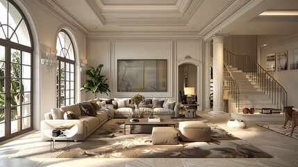 Wall Mural - Portuguese living room. Portugal. Elegant and spacious living room interior with luxurious furniture and staircase in a modern home 