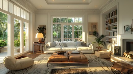 Wall Mural - Portuguese living room. Portugal. Elegant and spacious living room with modern furniture basking in natural light during a sunny day 