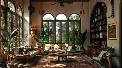 Wall Mural - Senegalese living room. Senegal. A luxurious classic interior design of a spacious living room with expansive bookshelves, sophisticated furniture, and grand windows overlooking lush greenery. 