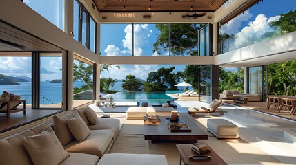 Wall Mural - Seychellois living room. Seychelles. Luxurious beachfront home interior with open living space leading to an infinity pool overlooking the ocean, priced at 
