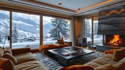 Wall Mural - Swiss living room. Switzerland. Luxury living room interior with a cozy fireplace and a stunning mountain view during winter, priced at 