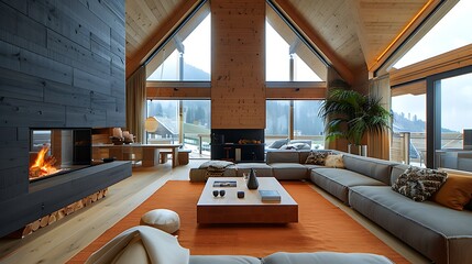 Wall Mural - Swiss living room. Switzerland. Luxurious and cozy interior of a modern living room with a fireplace in a mountain chalet during winter season. 