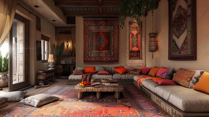 Wall Mural - Turkish living room. Turkey. Cozy traditional living room interior with comfortable furniture and ethnic decor details, perfect for a relaxing atmosphere. 