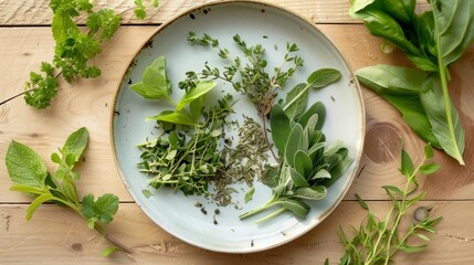 Wall Mural - freshly cut herbs, with some loose leaves around the plate for a fresh touch generative ai