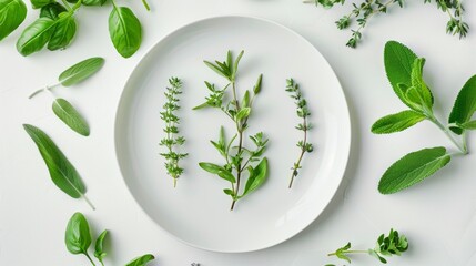 freshly cut herbs, with some loose leaves around the plate for a fresh touch generative ai