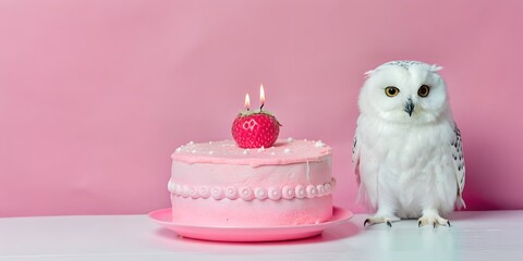 Wall Mural - A white owl on a pink background near a pink cake with a candle and strawberries, festive background. birthday, wallpaper, generated by AI