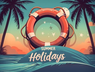 A vibrant summer-themed poster featuring a lifebuoy, palm trees, and a sunset over the ocean with the text Summer Holidays.