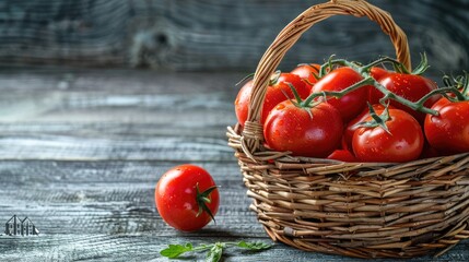 Wall Mural - Basket of fresh and ripe tomatoes on a gray wooden table