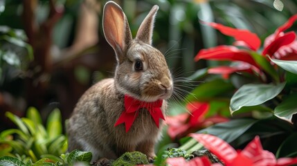 A rabbit wearing a red ribbon is standing in a garden