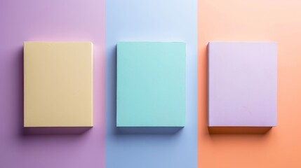 Wall Mural - Three square pieces of paper with different colors on a blue background