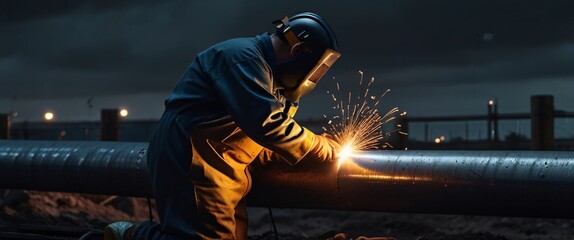 Skilled welder assembling durable pipelines for infrastructure project, well lit, but full of determination, the weather is cloudy but without rain, it is dark outside