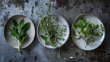 Wall Mural - herbs on the plate, creating different patterns and visual compositions. generative ai