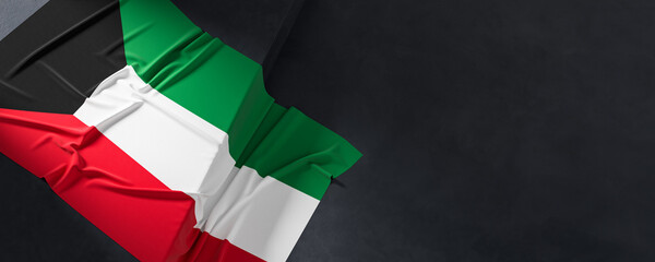 Wall Mural - Flag of Kuwait. Fabric textured Kuwait flag isolated on dark background. 3D illustration