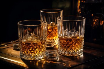 Wall Mural - Luxurious crystal whiskey glasses on a dark wooden surface, filled with rich amber whiskey