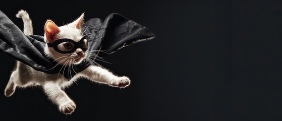 white cat in superhero costume in black cape. white kitten superhero jumping in the air in a black cape on black background