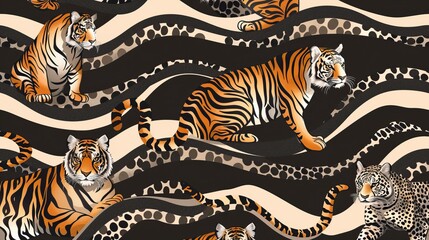 Canvas Print - Animal skin tiger ,and cheetah,lepard in safari mood in the wave way seamless pattern in vector 