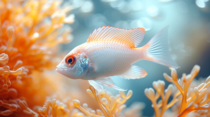 Wall Mural - Beautiful white Fishes underwater with a white background
