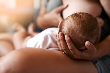 Mother, baby and breastfeeding with love in bedroom for growth development, nutrition or digestive health. Lens flare, care and woman with newborn child for natural milk, wellness or bonding in home