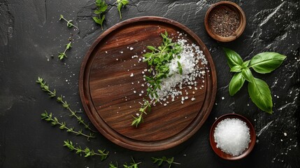 Wall Mural - round wooden dish, highlighting the fresh herbs and salt on the dark wooden base. generative ai