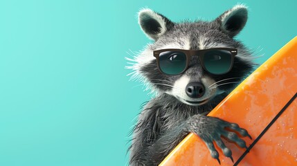 A cool raccoon wearing sunglasses and holding a surfboard. It's standing on a blue background and looking at the camera with a confident expression.
