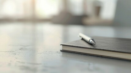 Desk with pen and notebook on light gray surface with blurred space
